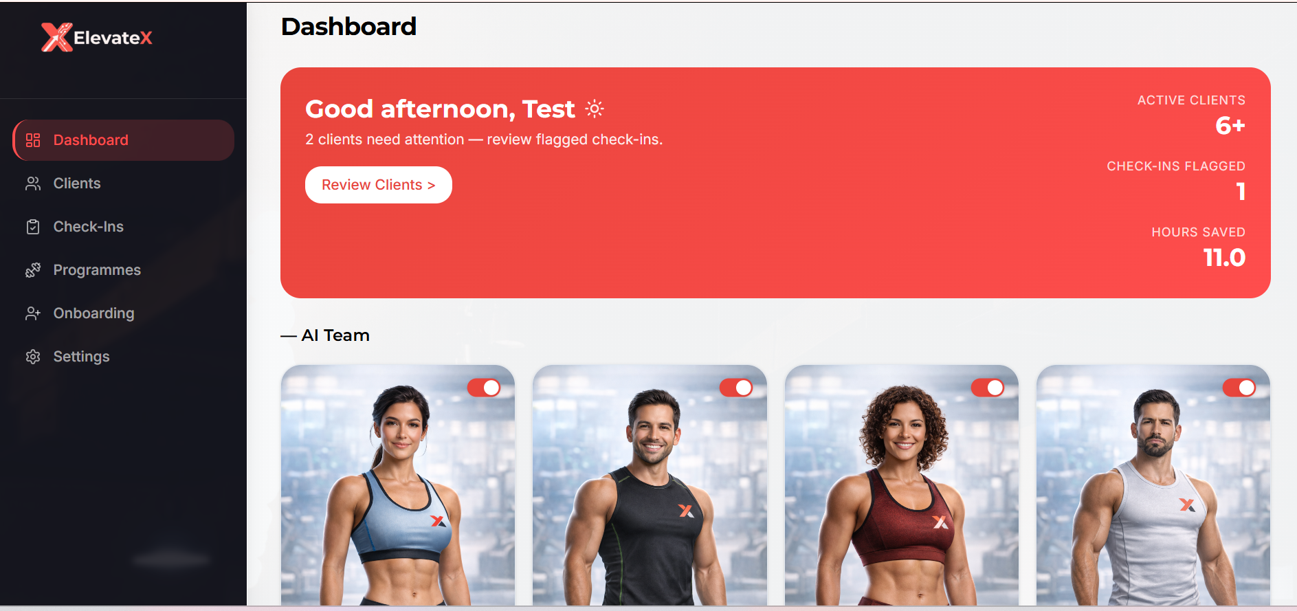ElevateX coach dashboard showing client overview, RAG status tracking, check-in reports and AI assistant activity